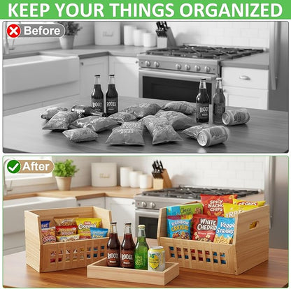 6 Pack Wood Pantry Storage Bins 4 Wooden Storage Bins with 2 Wooden Tray Lids Multipurpose Open Front Stackable Organization Set for Kitchen or Pantry and Fruits Vegetables, Potato & Onion