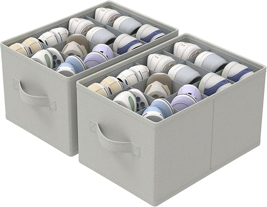 2 Pack Shoe Organizer for Closet, Fits Up to 24 Pairs, Foldable Space-saving Storage Container Bins with Reinforced Handles, 16.5 x 12.6 x 10.2 In, Grey, XSNX02G-2