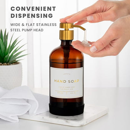Hand and Dish Soap Dispenser for Kitchen and Bathroom, Set of 2 16 Oz Glass Bottles, Stainless Steel Pumps, Non-Slip Silicone Base, 27 Waterproof Labels (Amber Bottle/Brushed Gold Pump)