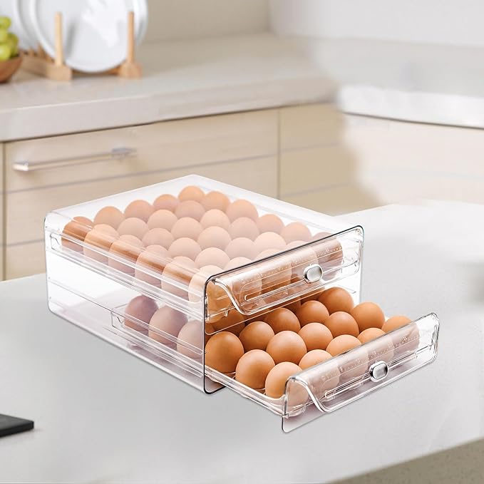 Egg Holder for Refrigerator,60 Eggs Clear Drawer Organizer,2 Layer Stackable Egg Holder Egg Trays,Egg Storage Container with Time Scale for Fridge Countertop Cabinet