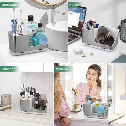PARKMANI Toothbrush Holders for Bathroom Countertop Organizer, Brushed Nickel Tooth Brush Holder, Kids Electric Toothbrush and Toothpaste Holder with Drainage (Brushed Silver)