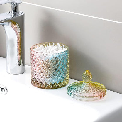 Qtip Holder Glass Apothecary Jars with Lid Bathroom Accessories Vanity Organizers and Makeup Storage for Cotton Swabs, Makeup Sponges, Bath Salts, Canister Dispenser, 2 Pack Rainbow