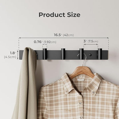 Black Wall Mounted Coat Rack – 5 T-Shaped Pegs for Hats, Bags & Towels, Heavy-Duty Metal Rail for Entryway, Bathroom, Closet, Bedroom (2 Pack)