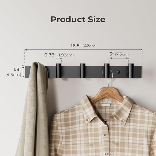 Black Wall Mounted Coat Rack – 5 T-Shaped Pegs for Hats, Bags & Towels, Heavy-Duty Metal Rail for Entryway, Bathroom, Closet, Bedroom (2 Pack)