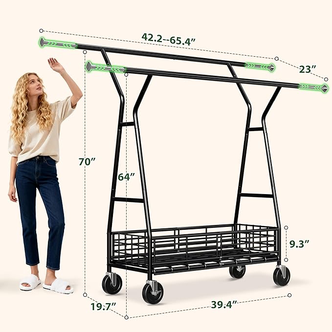 Raybee Heavy Duty Clothes Rack 630LBS, Double Rods Clothing Rack with Storage Basket, Portable Garment Rack for Heavy Clothes, Extendable & Adjustable, Bedroom, Closet, Commercial, Black
