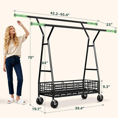 Raybee Heavy Duty Clothes Rack 630LBS, Double Rods Clothing Rack with Storage Basket, Portable Garment Rack for Heavy Clothes, Extendable & Adjustable, Bedroom, Closet, Commercial, Black