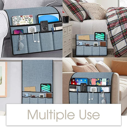 Joywell Remote Holder for Recliner Armchair Caddy Couch Armrest Non Slip Sofa Arm Chair Caddie with 6 Pocket for Magazine, Tablet, Phone, iPad, Think Linen, Blue