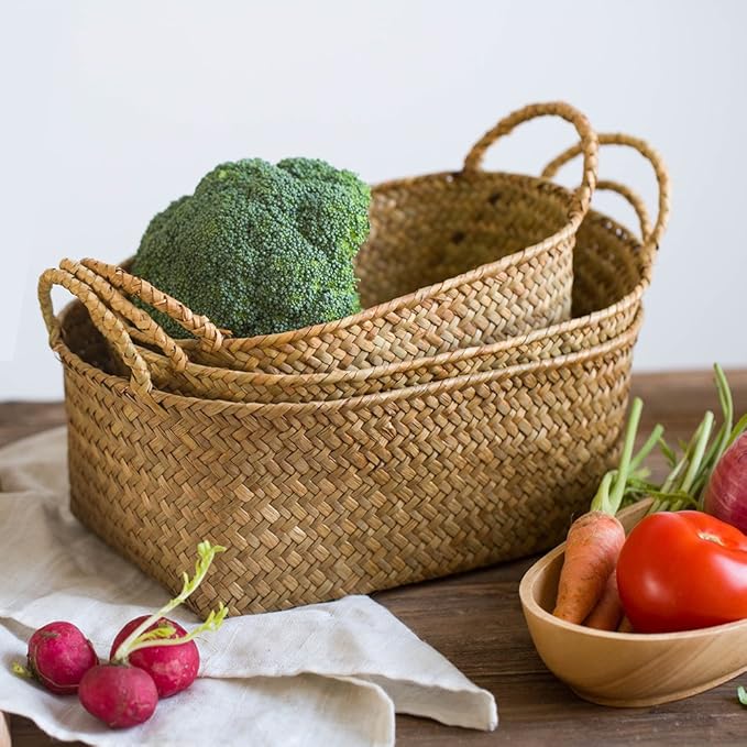 DOKOT Woven Rattan Baskets - Set of 3, Perfect for Kitchen Storage and Organizing Fruits