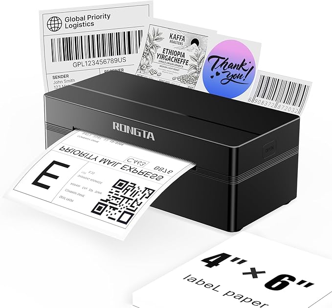 Rongta Bluetooth Shipping Label Printer, Wireless 4x6 Thermal Label Printer for Shipping Packages, Support Android, iPhone, Widely Used for Amazon, Ebay, Shopify, Etsy, UPS, Black