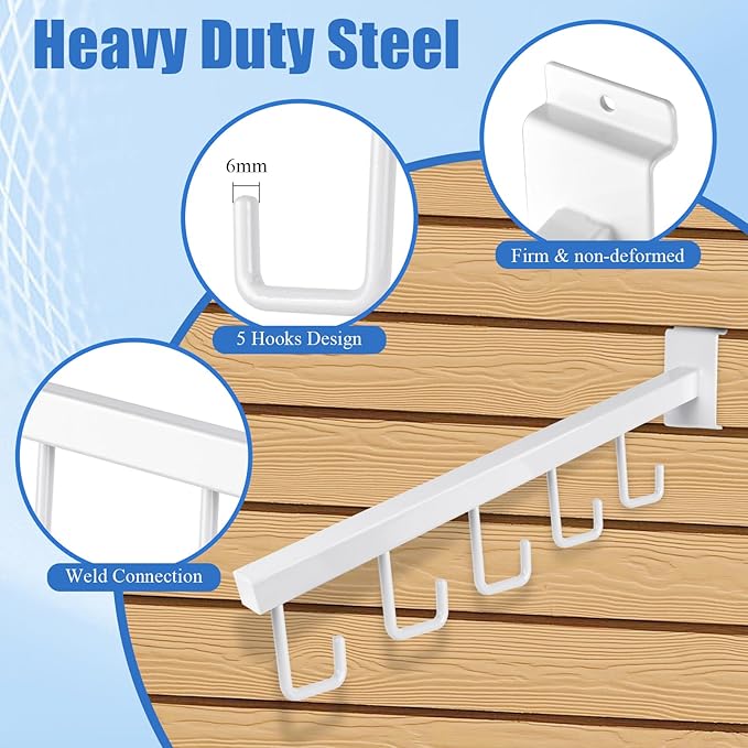 5 Hooks Slatwall Hooks Accessories, 5 Pack 13.7 Inch Heavy Duty Waterfall Slatwall Hangers Rectangular Tube Slat Wall Clothes Hooks for Display Clothing Retail Shop Garage (White)