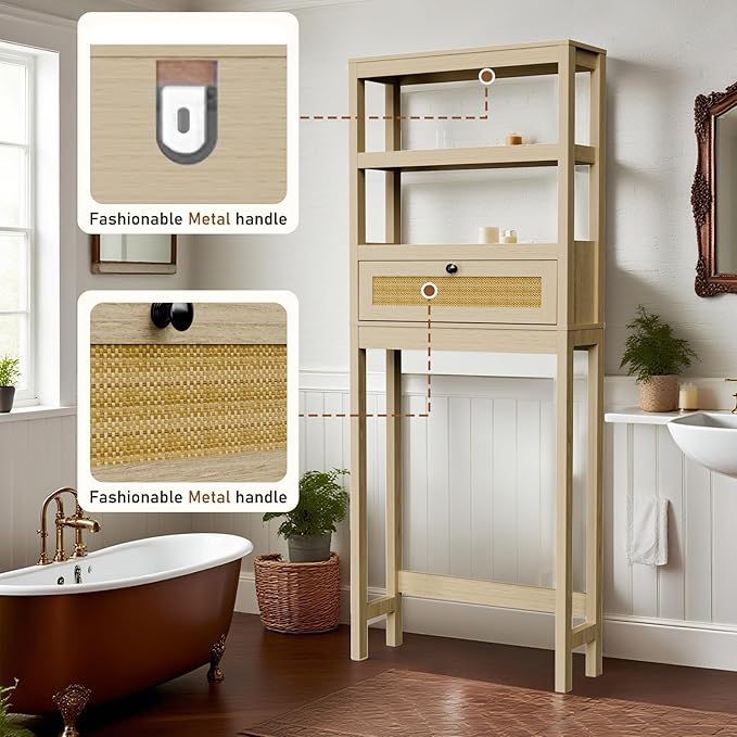 GORZING Over The Toilet Storage Cabinet, 3-Tier Behind Toilet Bathroom Organizer, Wooden Above Toilet Storage Shelf with Rattan Door, Space Saver for Restroom, Bathroom, Laundry