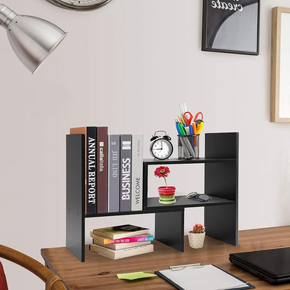 Desk Shelf, Adjustable Desktop Storage Organizer, Wood Display Shelf Rack, Office Supplies Desk Organizer, Black