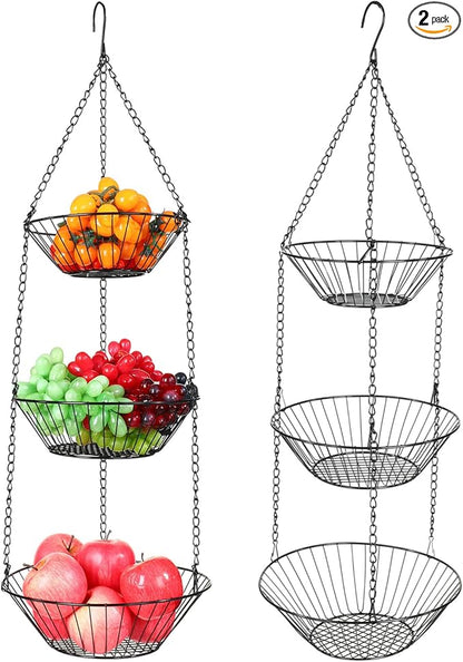 Maxdot 2 Pack 3-tier Hanging Fruit Basket with Sturdy Metal Chain Hanging Wall Fruit Basket for Kitchen Heavy Duty Wire Storage for Potatoes, Onions, Oranges, Bananas, Limes, Lemons