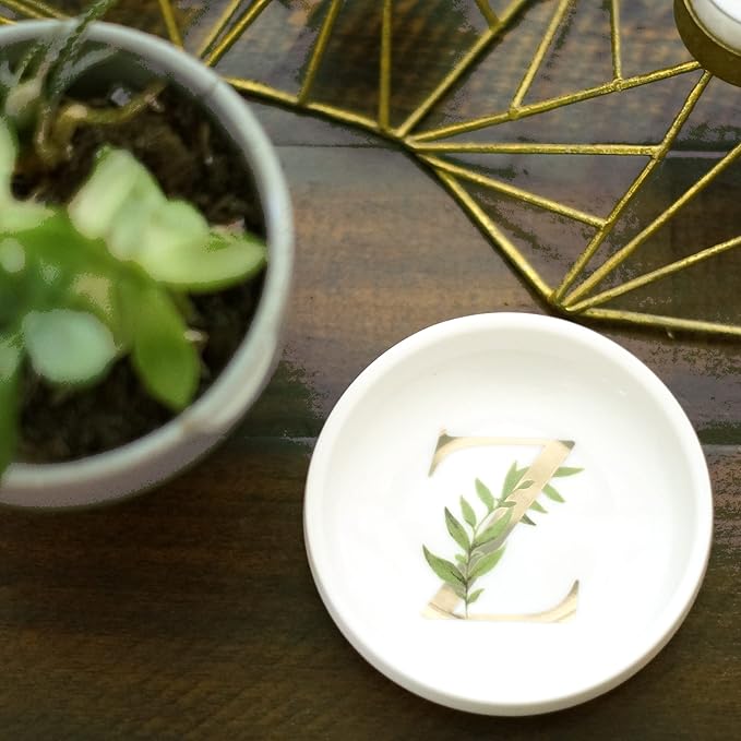 Trinket Tray Ring Dish with Personalized Z in Gold Foil and Greenery - White Ring Dish- Monogrammed Trinket Dish or Jewelry Bowl - Cedar & Ink (Z)