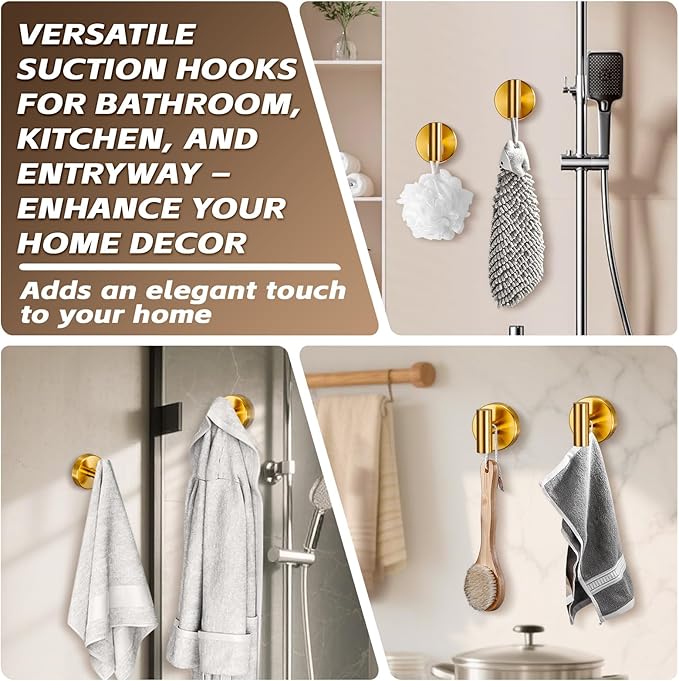 Supopular Reusable Heavy Duty Suction Cup Hooks for Kitchen/Bathroom/Shower - Wet-Proof Hooks for Towels, Robes, Loofah&Wreaths/No Drill Mounting on Glass, Tile, (2, Brushed Gold)