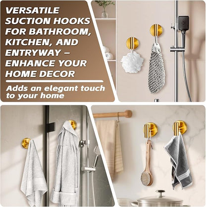 Supopular Reusable Heavy Duty Suction Cup Hooks for Kitchen/Bathroom/Shower - Wet-Proof Hooks for Towels, Robes, Loofah&Wreaths/No Drill Mounting on Glass, Tile, (2, Brushed Gold)