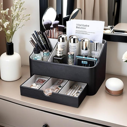 KINGFOM Leather Makeup Organizer with Drawer, Cosmetic Storage for Dresser Countertop and Bathroom Vanity, Beauty Holder for Lipstick Brush Skincare (Black)