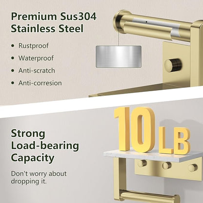 Marble Toilet Paper Holder with Shelf, Evolvegoods Brushed Gold Bathroom Toilet Paper Holder Wall Mount, 304 Stainless Steel Modern Toilet Paper Roll Holder Storage Tissue Holder