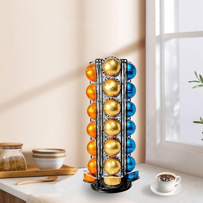 Coffee Pod Holder Carousel Organizer for Nespresso VertuoLine -35 Capsule Coffee Pod Holder with 360° Rotation, Space-Saving Design for Kitchen Countertops, Fits All Vertuo Pods (Sleek Black)