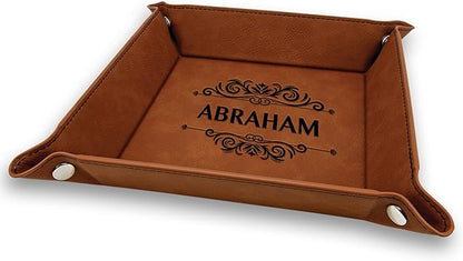 Krazy Case Premium Leather Valet Tray, Black, Men's & Women's Jewelry Organizer with Engraved Design