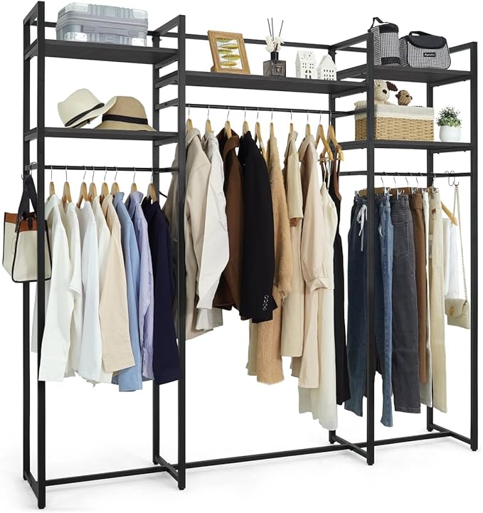CAPHAUS 913lbs Capacity Garment Rack for Hanging Clothes, Heavy Duty Open Wardrobe w/Hanging Rods, Free Standing Closet Organizer, Clothing Rack, Metal Closet w/Wooden Boards, Black Vintage Board