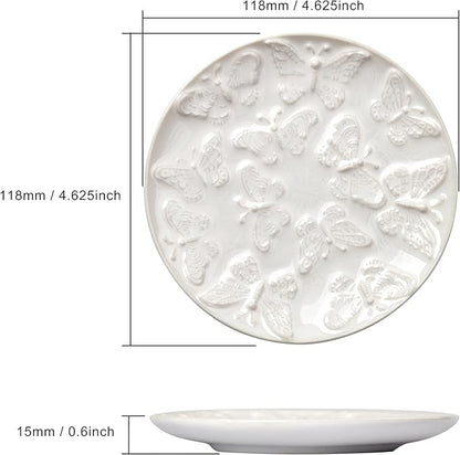 Ceramic Jewelry Dish, Decorative Tray for Rings Earrings Necklaces Bracelet Watch Keys, 4.50" Trinket Tray as Gifts for Women (White Butterflies)