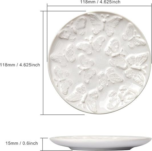Ceramic Jewelry Dish, Decorative Tray for Rings Earrings Necklaces Bracelet Watch Keys, 4.50" Trinket Tray as Gifts for Women (White Butterflies)