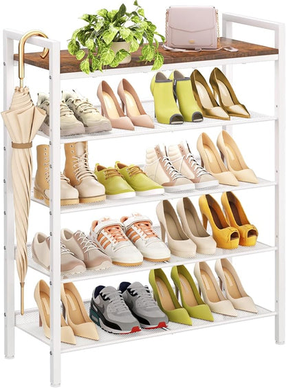 Shoe Rack for Front Door Entrance, 5 Tier Shoe Rack for Entryway, 16-20 Pairs of Shoes, Metal Shoe Racks Organizer, Free Standing Shoe Racks for Closet, Garage, Outdoor (White+Beige)