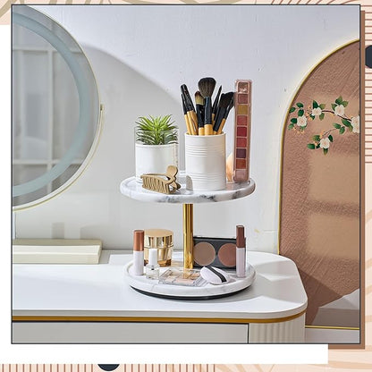 2-Tier Marble Lazy Susan, 10'' Circular Marble Stone Decorative Tray Organizer, Rotating Bathroom Turntable, Kitchen Spice Rack Organizer for Countertop Vanity Dresser Dining Table Pantry