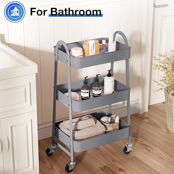 Rolling Carts with Wheels, 3 Tier Storage Cart for Kitchen Snack Cart with Lockable Wheels, Utility Storage Organizer Carts Diaper Cart for Nursery, Grey