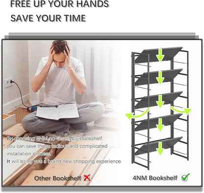 4NM No Assembly 5 Tiers Collapsible Book Shelves, 51.2" H Folding Bookshelf Bookcase Open Industrial Foldable Shelves for Bedroom, Living Room, Home Office - All Black