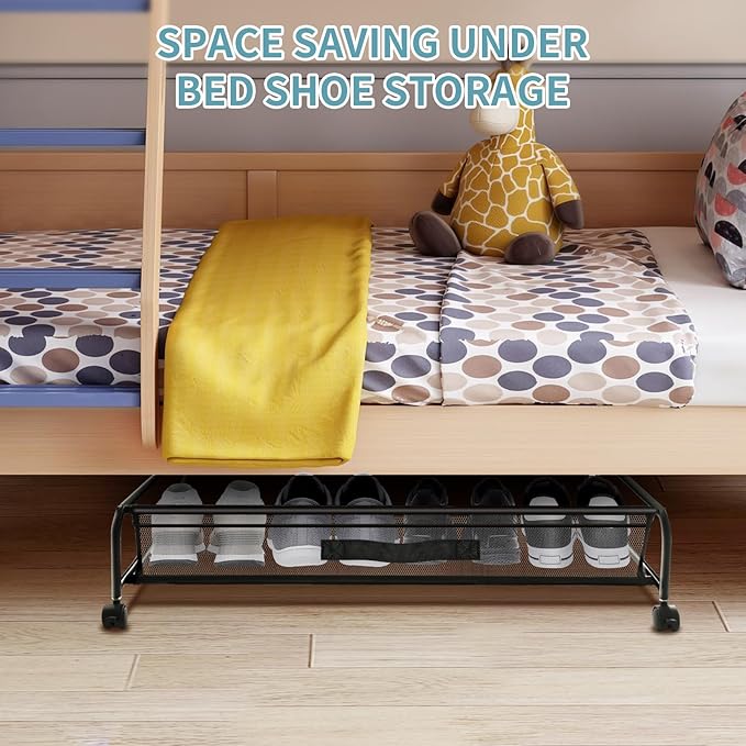 XSCQ Under Bed Shoe Storage with Wheels, Space Saving Shoe Organizer with Sturdy Metal Frame & Breathable Mesh, Suitable Under the Bed, Sofa and Desk, 2 Packs