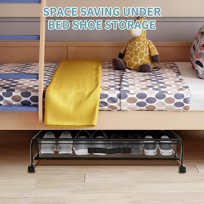 XSCQ Under Bed Shoe Storage with Wheels, Space Saving Shoe Organizer with Sturdy Metal Frame & Breathable Mesh, Suitable Under the Bed, Sofa and Desk, 2 Packs