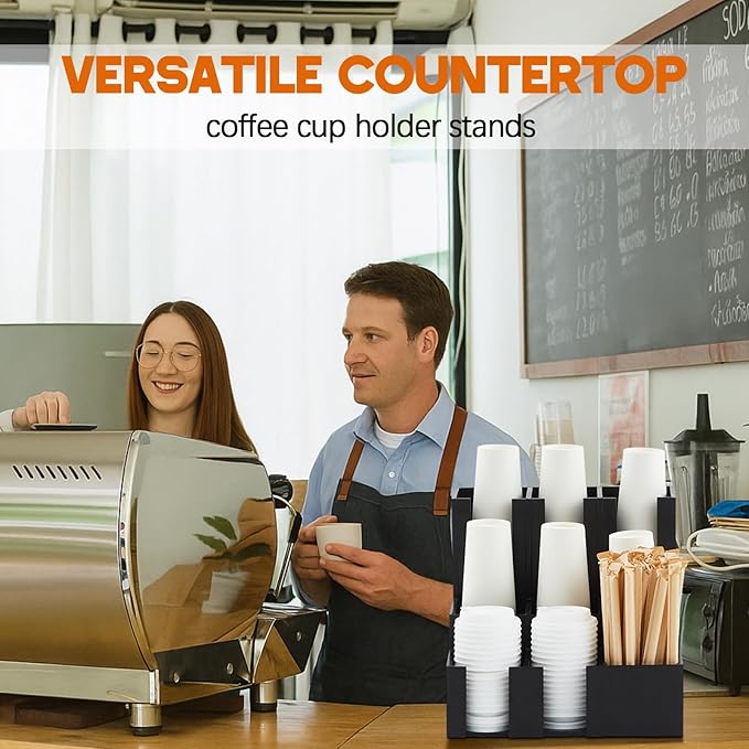Wooden Vertical Coffee cup and lid dispenser, coffee condiment organizer, 9 Compartment for Disposable Paper & Plastic Cup, for cabinet Station Home Countertop Bar 13''l x 13''w x 12''h