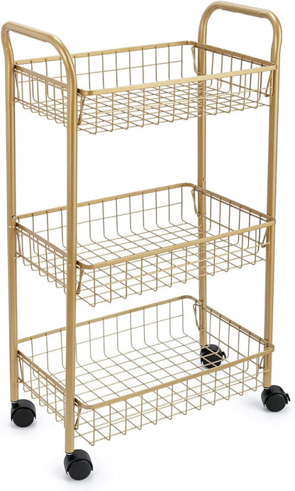 3 Tier Mesh Rolling Utility Cart, Gold Metal Organization Cart with Lockable Wheels, Multifunctional Storage Trolley Service Cart for Kitchen Living Room Office Salon