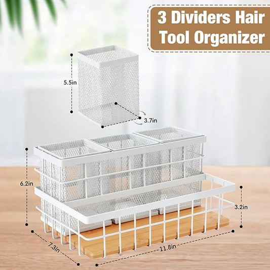 AceOrbit 1 Pcs Hair Tool Organizer Countertop Breathable Metal & Bamboo Hot Tools Organizer Under Sink Bathroom Hair Dryer Holder Countertop Brush Comb Holder,makeup tray (Natural Bamboo,White)