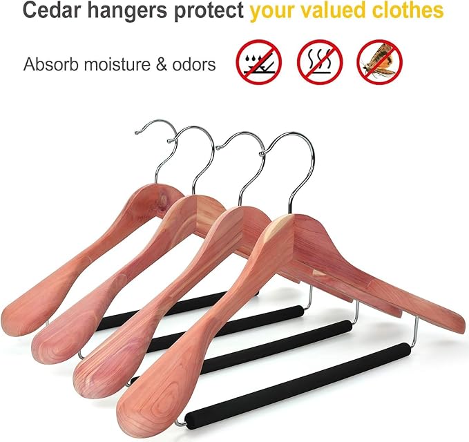 TOPIA HANGER American Red Cedar Wide Shoulder Wooden Hangers 8 Pack, Luxury Wood Suit Coat Hangers with Black Padded Pant Bar-360° Swivel Chrome Hook, Natural- CT07W-8