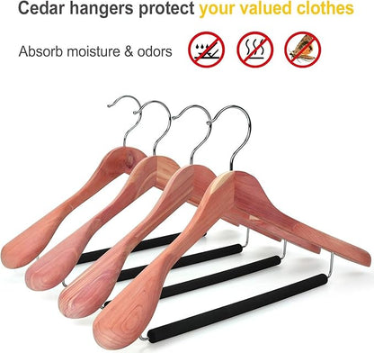 TOPIA HANGER American Red Cedar Wide Shoulder Wooden Hangers 8 Pack, Luxury Wood Suit Coat Hangers with Black Padded Pant Bar-360° Swivel Chrome Hook, Natural- CT07W-8