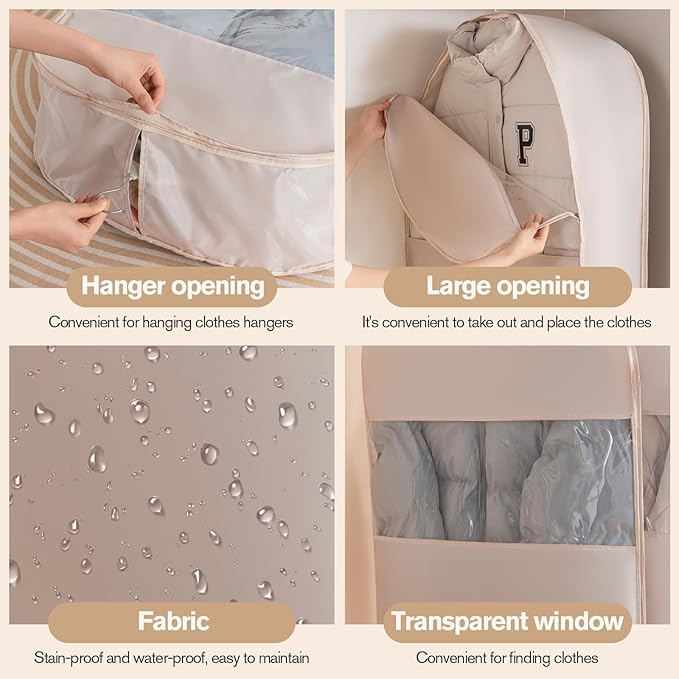 2 Packs Gusseted Garment Bags for Hanging Clothes Suit Bags for Open Closet Storage, Side Clear Clothing Cover for Coat, Dress, Jacket, Shirt, Fur Wardrobe Protector, (ecru, 35 inch)