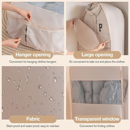 2 Packs Gusseted Garment Bags for Hanging Clothes Suit Bags for Open Closet Storage, Side Clear Clothing Cover for Coat, Dress, Jacket, Shirt, Fur Wardrobe Protector, (ecru, 35 inch)