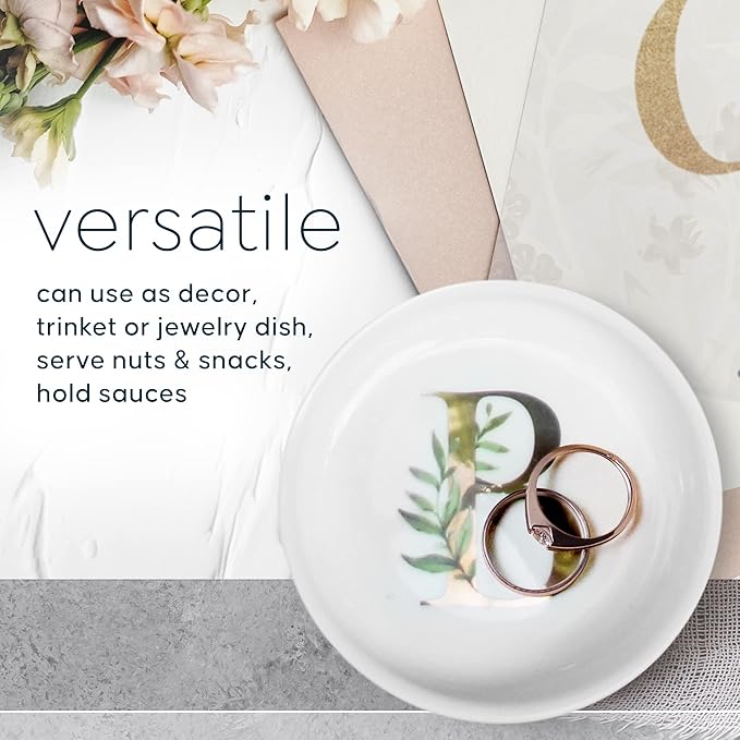 Trinket Tray Ring Dish with Personalized B in Gold Foil and Greenery - White Ring Dish - Monogrammed Trinket Dish or Jewelry Bowl - Cedar & Ink (B)