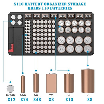 Battery Organizer Storage Case, Stores & Protects Up to 110 Batteries, Holds AAA AA C D 9V Button Cell, Compact Design with Lid for Home & Garage, with Battery Tester (Holds 110 Batteries)