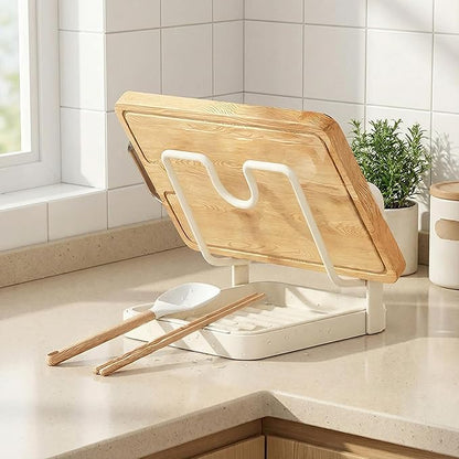 Pot Lid Organizer and Holder, Kitchen Countertop Storage Rack with Removable Drip Tray & Spoon Rest, 1-Tier Space-Saving Stand for Pots and Pans Lids