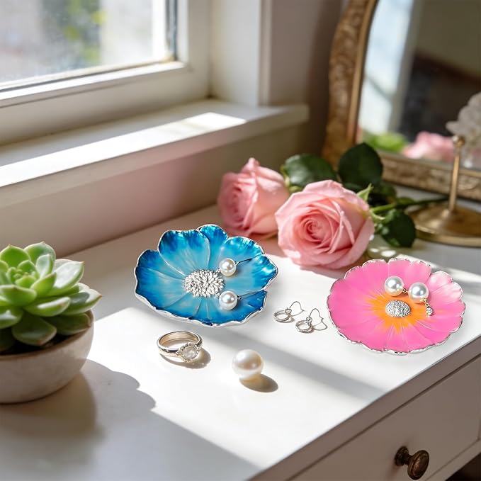 LARAINE Jewelry Dish Display Trinket Tray Flower Home Decorative Organizer Gift Necklace Earring Rings Holder Storage 3.15" (2 Piece Set (Pink+Blue))