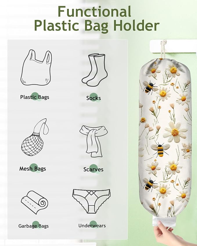Plastic Bag Holder Organizer - 1 Pack Reusable Canvas Grocery Bags Holder Hanging Wall Cute Aesthetic Shopping Bag Storage Dispenser with Drawstring Closure for Kitchen Home, Flower Bee