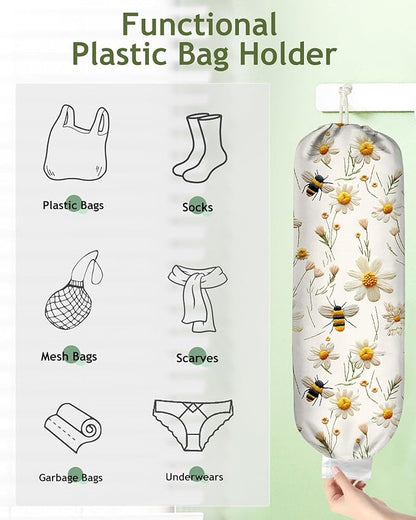 Plastic Bag Holder Organizer - 1 Pack Reusable Canvas Grocery Bags Holder Hanging Wall Cute Aesthetic Shopping Bag Storage Dispenser with Drawstring Closure for Kitchen Home, Flower Bee