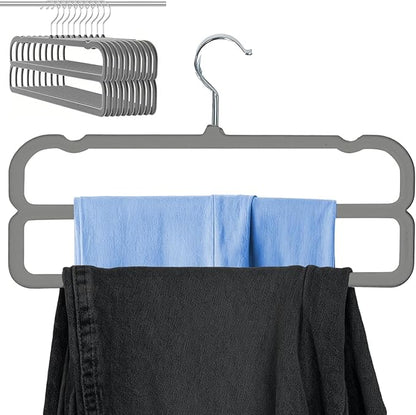VSV stoage Velvet Pants Hangers with Double Non Slip Bar - Multiple Velvet Hangers for Closet - Thin Space Saving Clothes Hanger - 360° Swivel Felt Trouser Hanger Perchas Terciopelo 10 Pack (Grey)