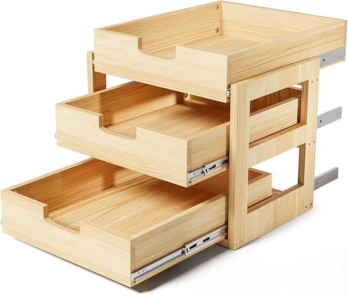 Pull Out Cabinet Organizer, 14''W×21''D Sliding Drawers for Cabinets, 3 Tier Soft Close Slide Out Wooden Pull out Drawers, Base Cabinet Organization for Kitchen, Pantry, Bathroom