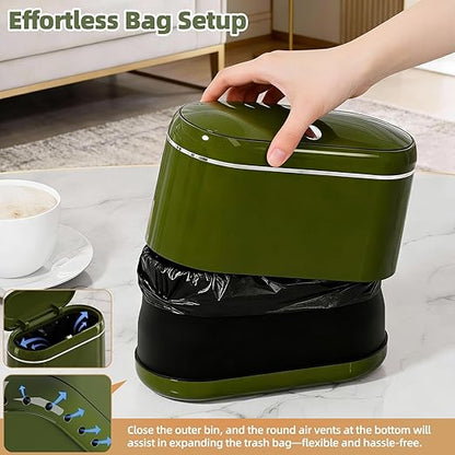 Mini Trash Can for Desk with 5 Rolls of Trash Bags, Small Press-Top Countertop Garbage Bin, Removable Waste Basket for Bedroom, Vanity, Coffee Table, Kitchen (Green Full-Lid)