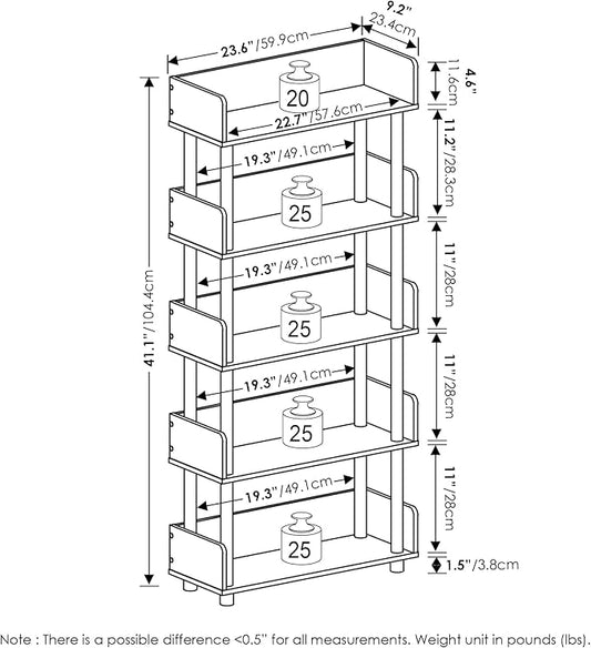 Furinno TURN-N-TUBE 5-Tier Display Shelf, Storage Shelves, Book Shelf, Open Shelves with Rounded Corner Top Edges, for Organization and Storage, Living Room, Home Office, Espresso